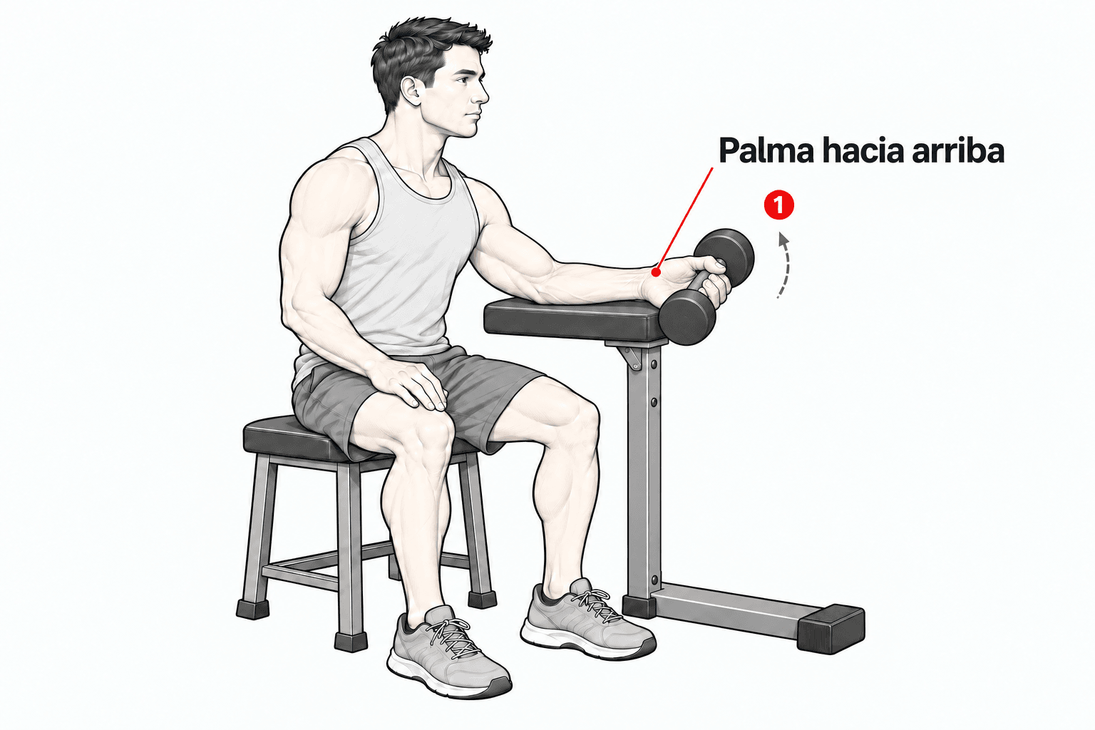 Ilustración de una persona sentada con el antebrazo apoyado en un soporte acolchado y la palma hacia arriba, sujetando una mancuerna junto al borde. La llamada dice «Palma hacia arriba», una flecha discontinua indica la subida de la mano y el marcador 1 señala el detalle del paso 1.