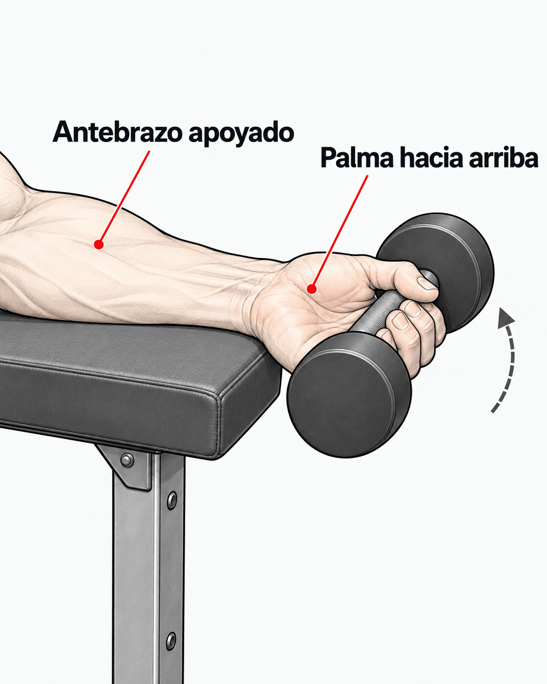 Detalle del antebrazo apoyado en un banco, con la mano palma arriba sujetando una mancuerna junto al borde. Etiquetas «Antebrazo apoyado» y «Palma hacia arriba», con una flecha discontinua de flexión.