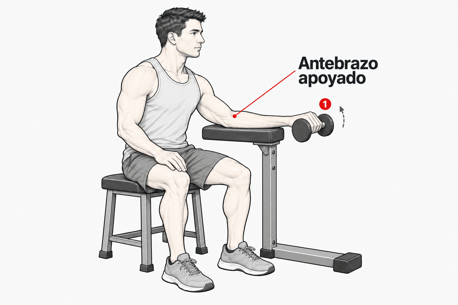 Ilustración de una persona sentada con el antebrazo apoyado en un soporte acolchado, palma hacia abajo y una mancuerna justo por fuera del borde. La llamada dice «Antebrazo apoyado», una flecha discontinua indica la subida de la mano y el marcador 1 señala la muñeca que amplía el detalle del paso 1.
