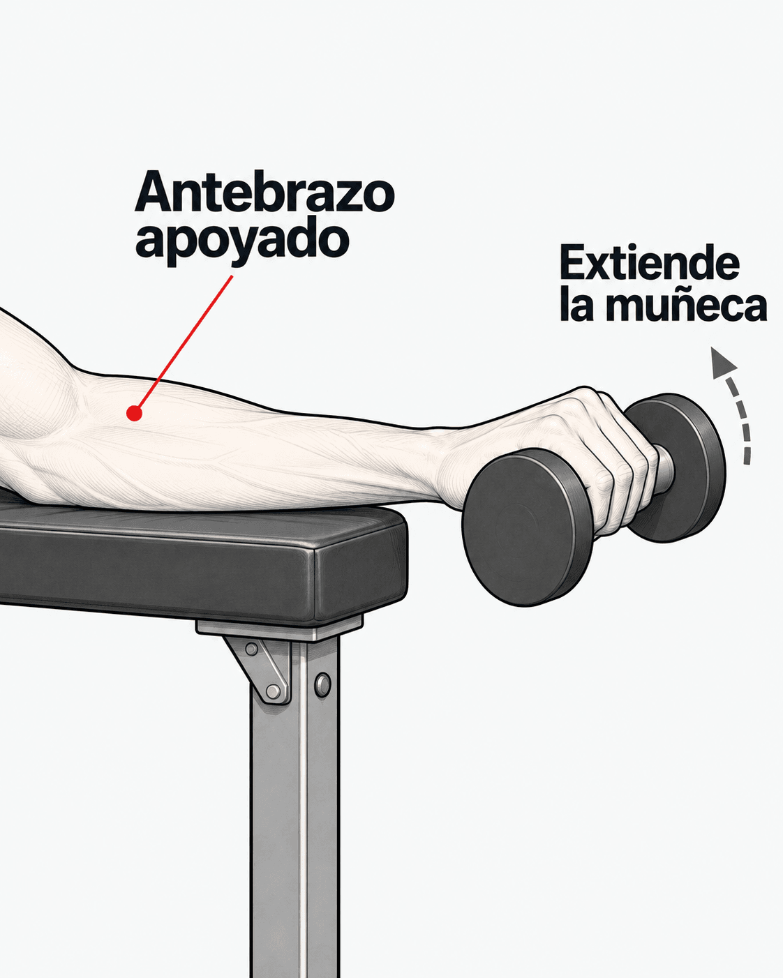 Detalle del antebrazo apoyado en un banco, con la mano palma abajo sujetando una mancuerna por fuera del borde. Etiquetas «Antebrazo apoyado» y «Extiende la muñeca», con una flecha discontinua hacia arriba.