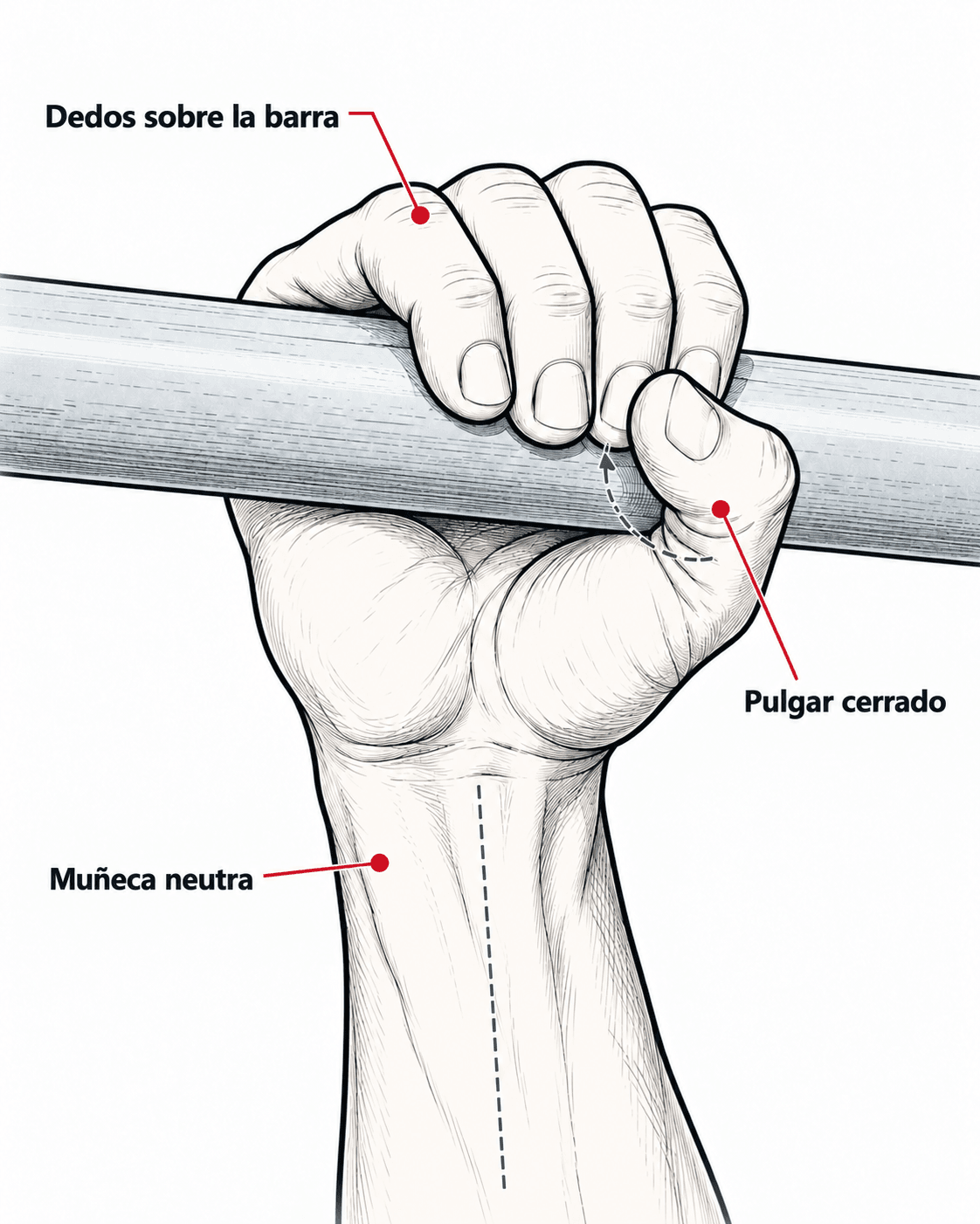 Detalle de una mano sujetando una barra, con tres etiquetas: «Dedos sobre la barra», «Pulgar cerrado» y «Muñeca neutra». Una flecha curva y un eje discontinuo en grafito indican el recorrido del pulgar y la alineación de la muñeca.