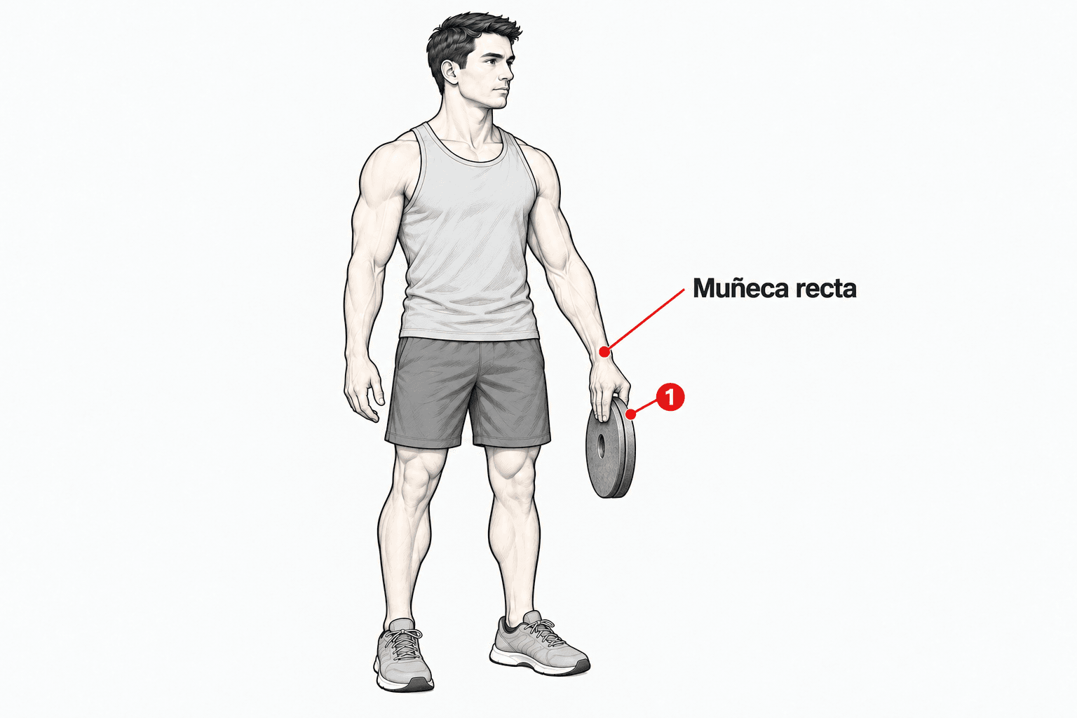 Ilustración de una persona de pie que sostiene dos discos juntos al costado con una mano, el brazo colgando relajado. La llamada dice «Muñeca recta» y el marcador 1 señala el agarre que amplía el detalle del paso 2.