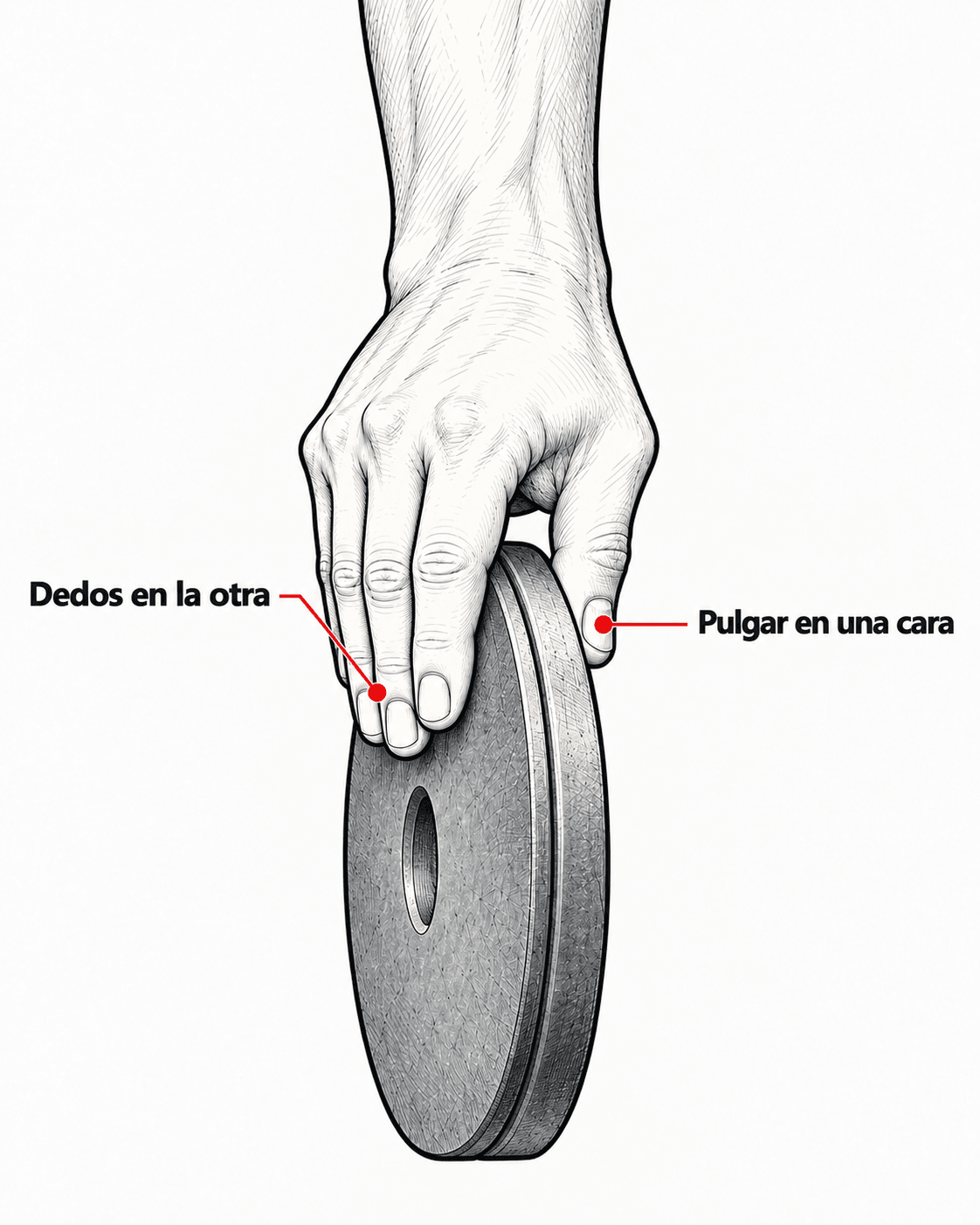 Detalle de una mano que sujeta dos discos juntos por el borde superior. Etiquetas «Pulgar en una cara» y «Dedos en la otra», con guías a cada punto de contacto.