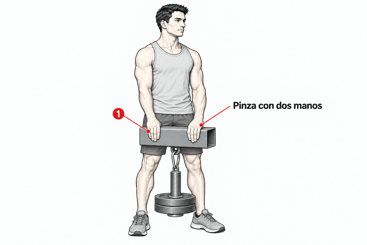 Ilustración de una persona de pie que sostiene un pinch block horizontal con ambas manos. Del anclaje central cuelga la carga entre los pies. Etiqueta «Pinza con dos manos» y marcador 1 junto al agarre.