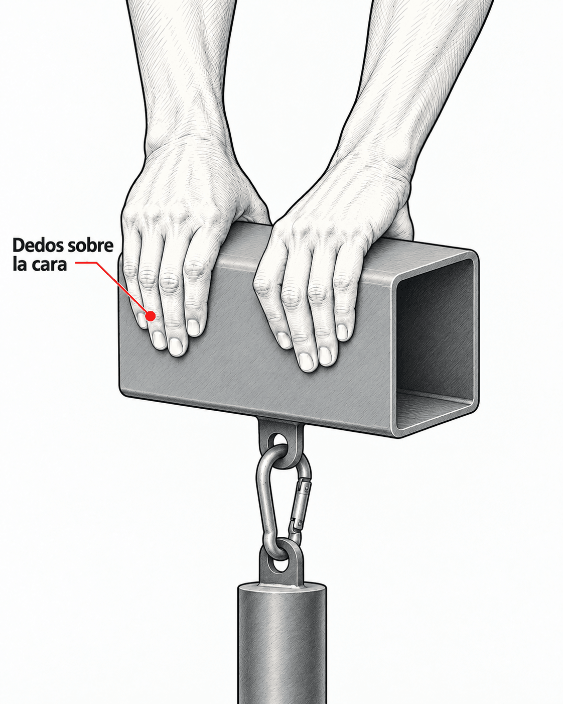 Detalle de dos manos sobre la cara frontal de un pinch block rectangular, con anclaje inferior y mosquetón. Etiqueta «Dedos sobre la cara».